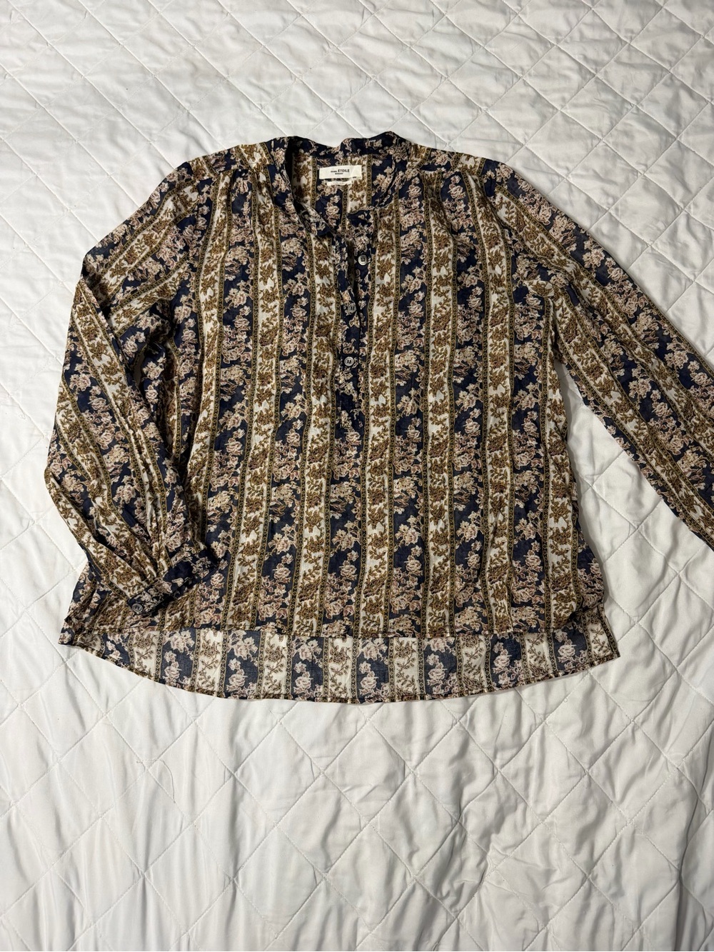Isabel Marant Navy, Brown and Cream Floral-Striped Long Sleeve Blouse